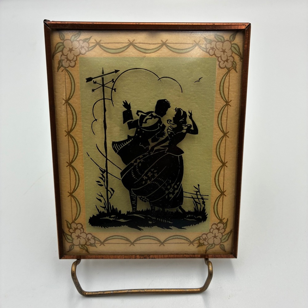 Vintage Reverse Glass Silhouette Art Colonial Dancing Couple Copper Frame 4x5